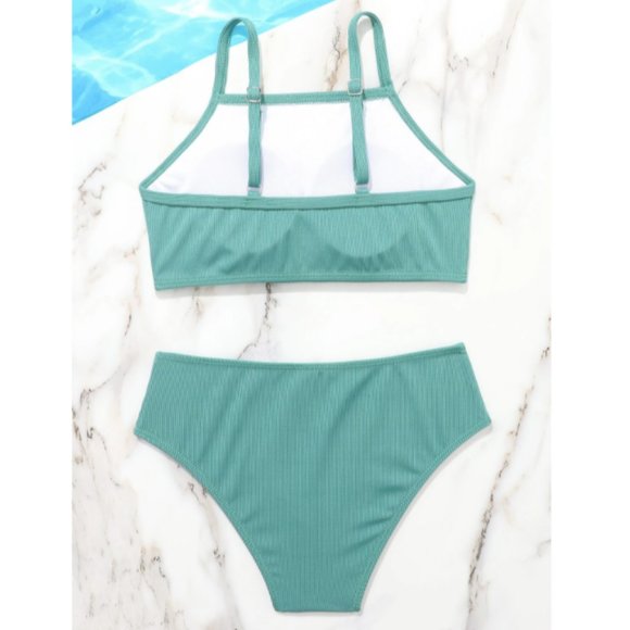 SHEIN🌺Girls Rib Green Solid Bikini Swimsuit👙160(13-14Y) - Picture 3 of 7